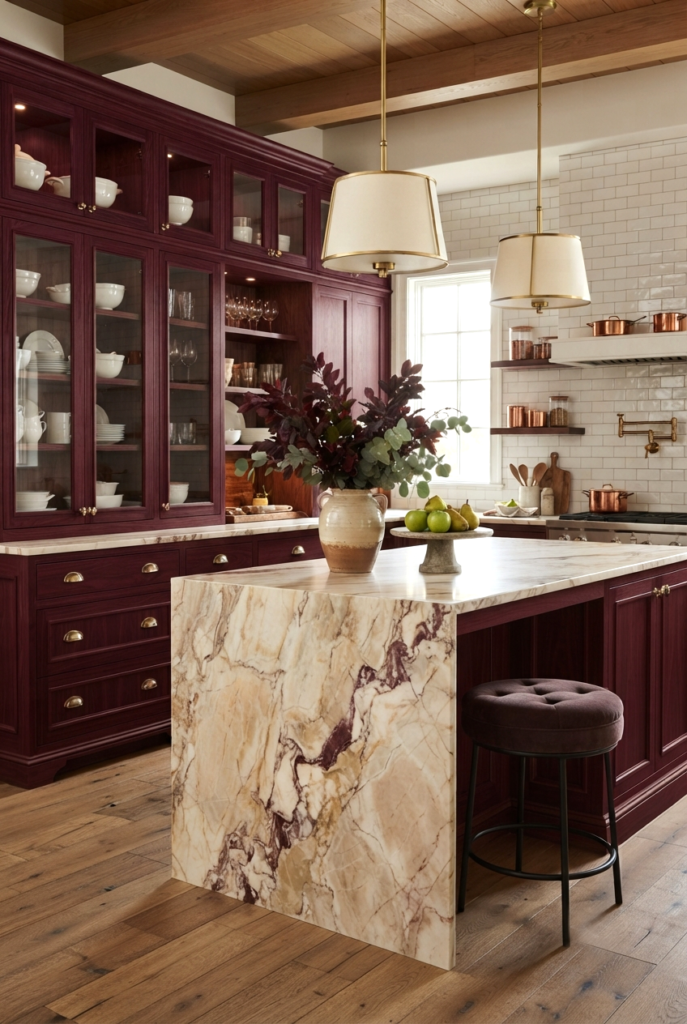 burgundy kitchen cabinets and marble