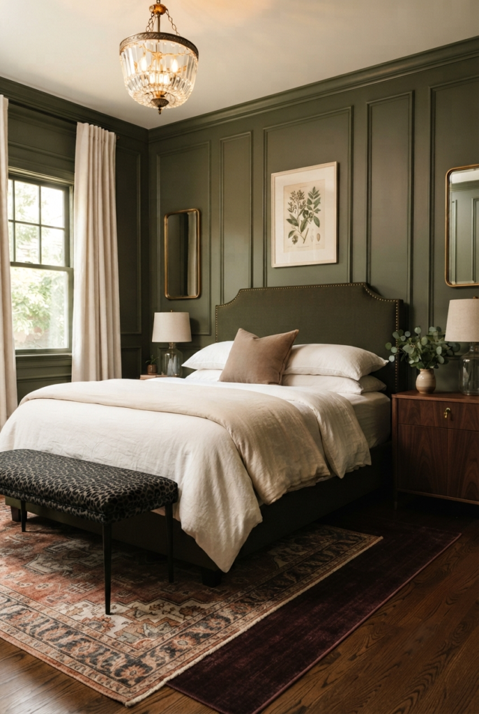 Dark green bedroom with accent wall behind the bed