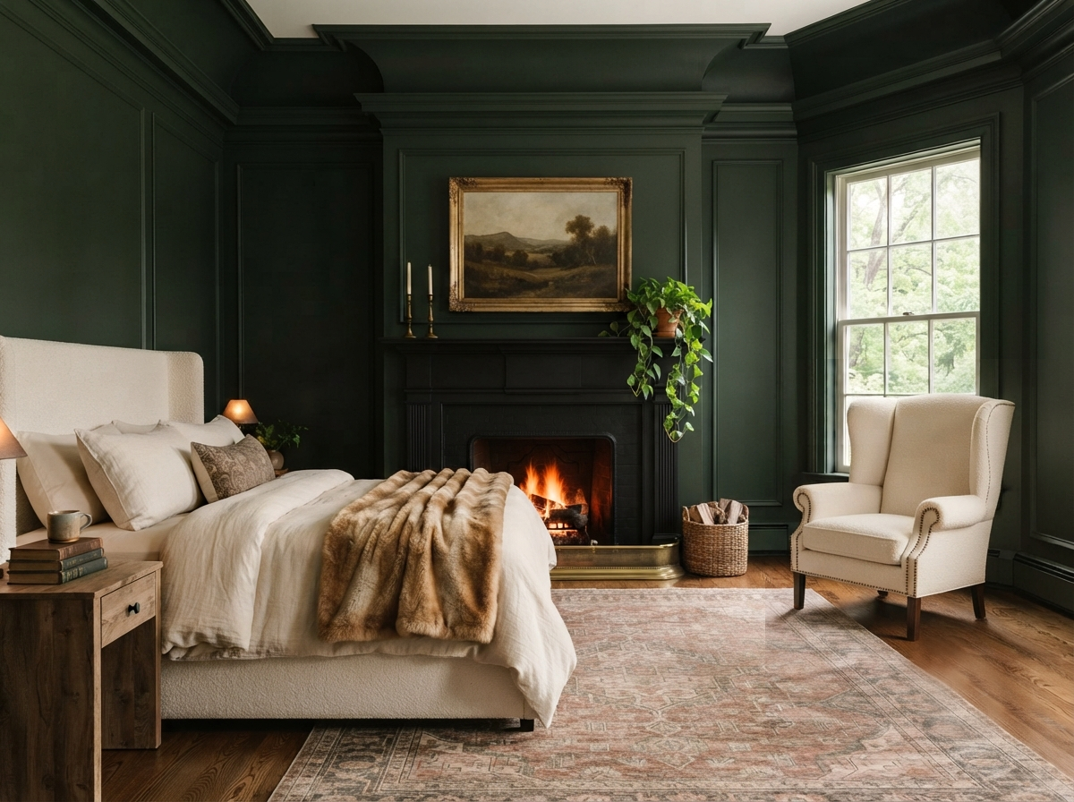 Dark green bedroom with accent wall behind the bed