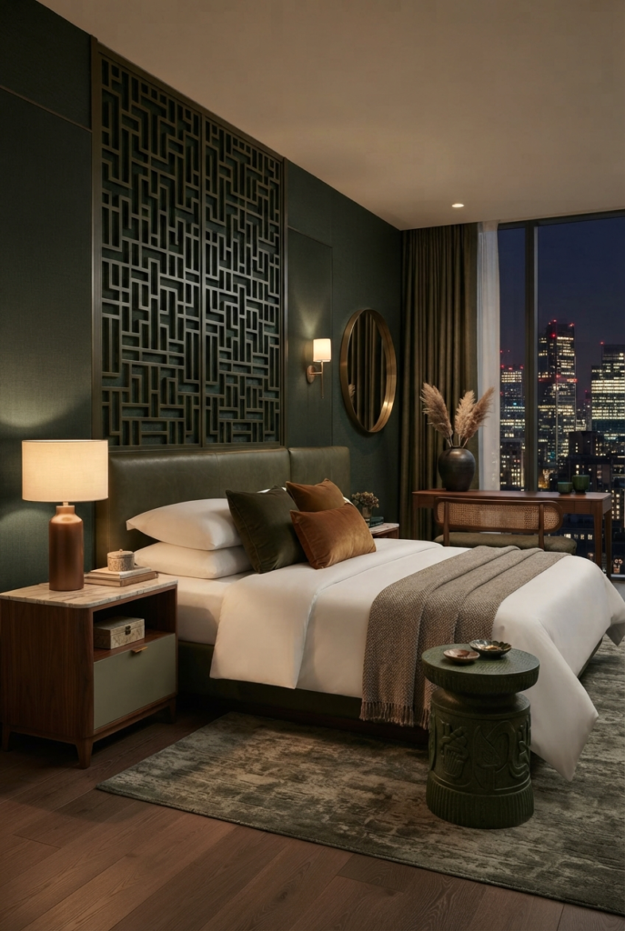 Dark green bedroom with accent wall behind the bed