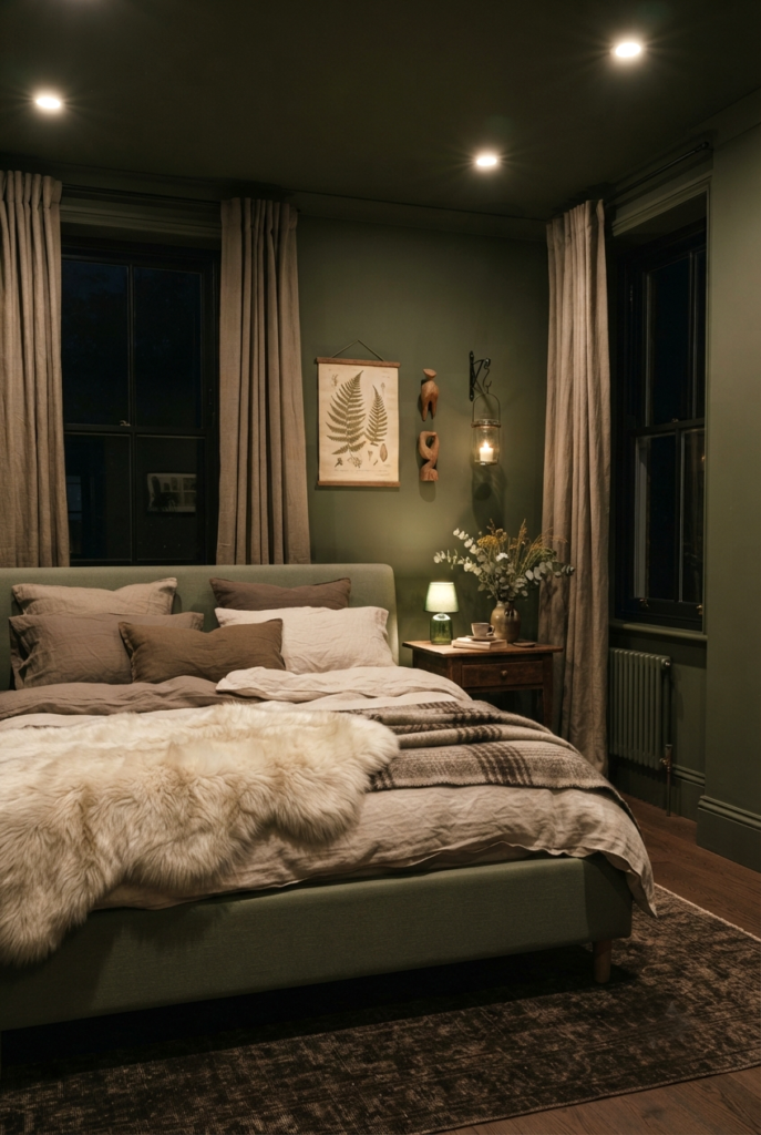 Dark green bedroom with accent wall behind the bed