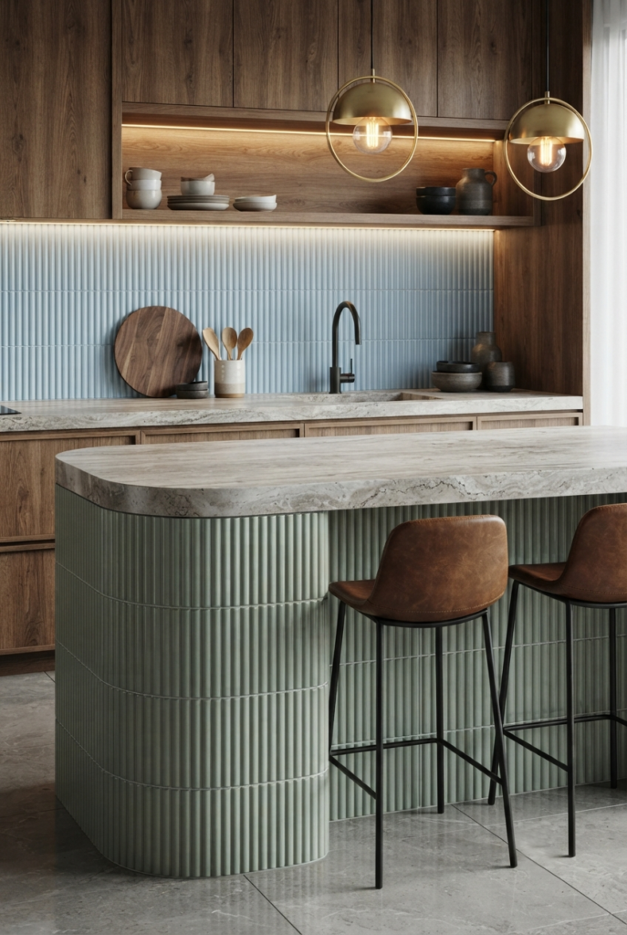 Sage green kitchen backsplash with blue tiles