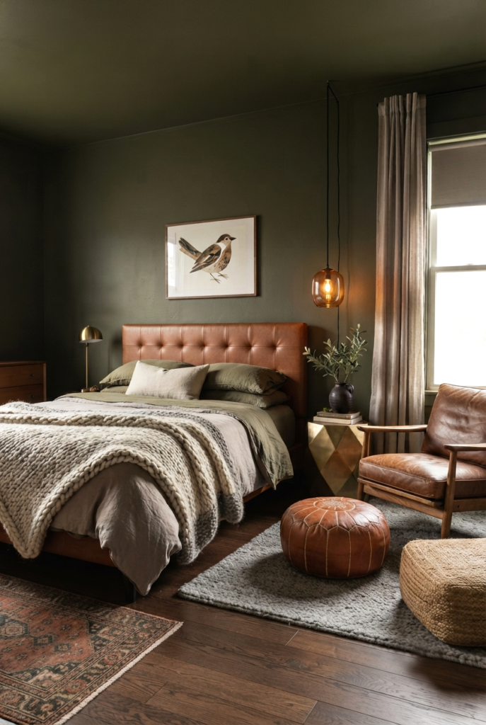 Dark green bedroom with accent wall behind the bed