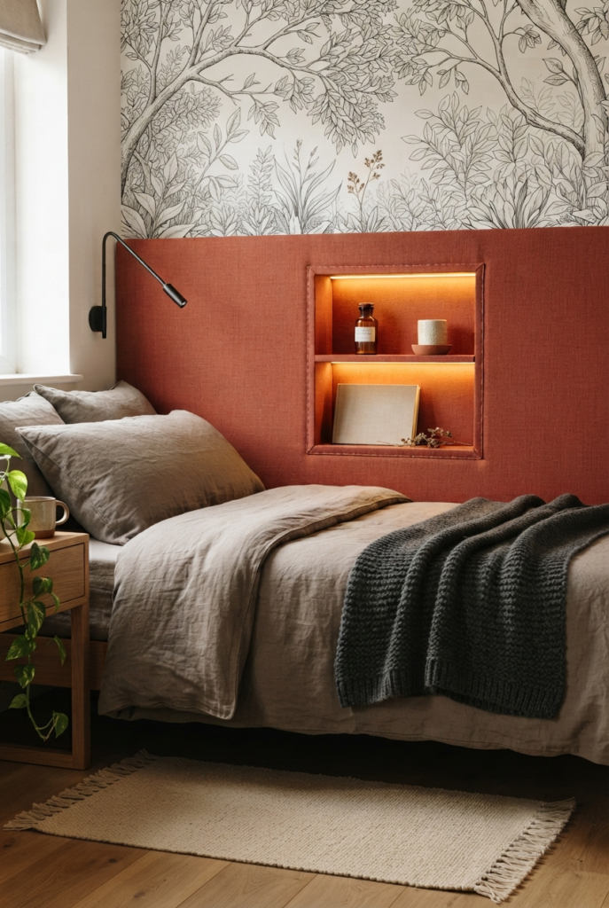 Rust and terracotta bedroom with accent wall behind the bed