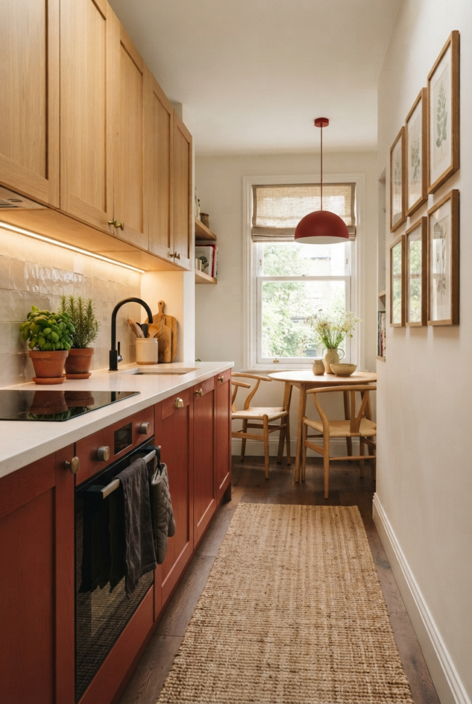 Efficient small galley kitchen layout with parallel cabinets