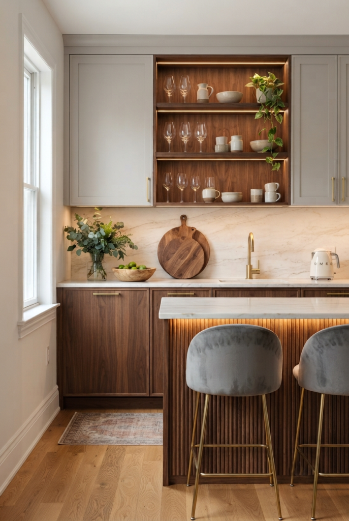 Small kitchen with a statement tile backsplash extending to the ceiling