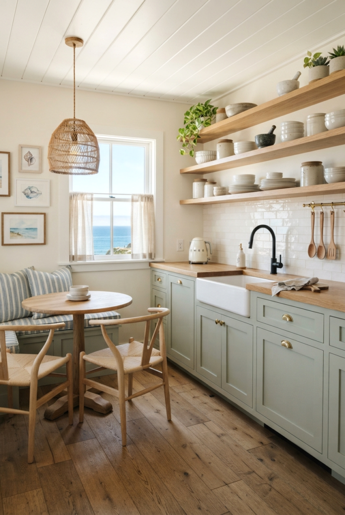 Small kitchen with open shelving and curated everyday dishes