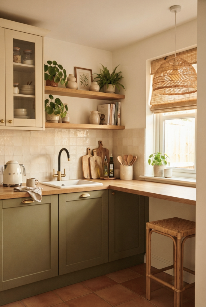 Two-tone small kitchen with colored lower cabinets and light uppers