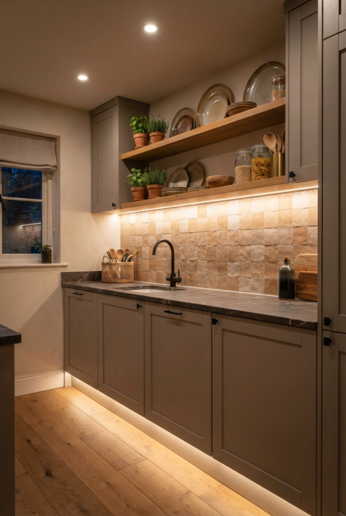 Small kitchen with warm under-cabinet lighting over the counter