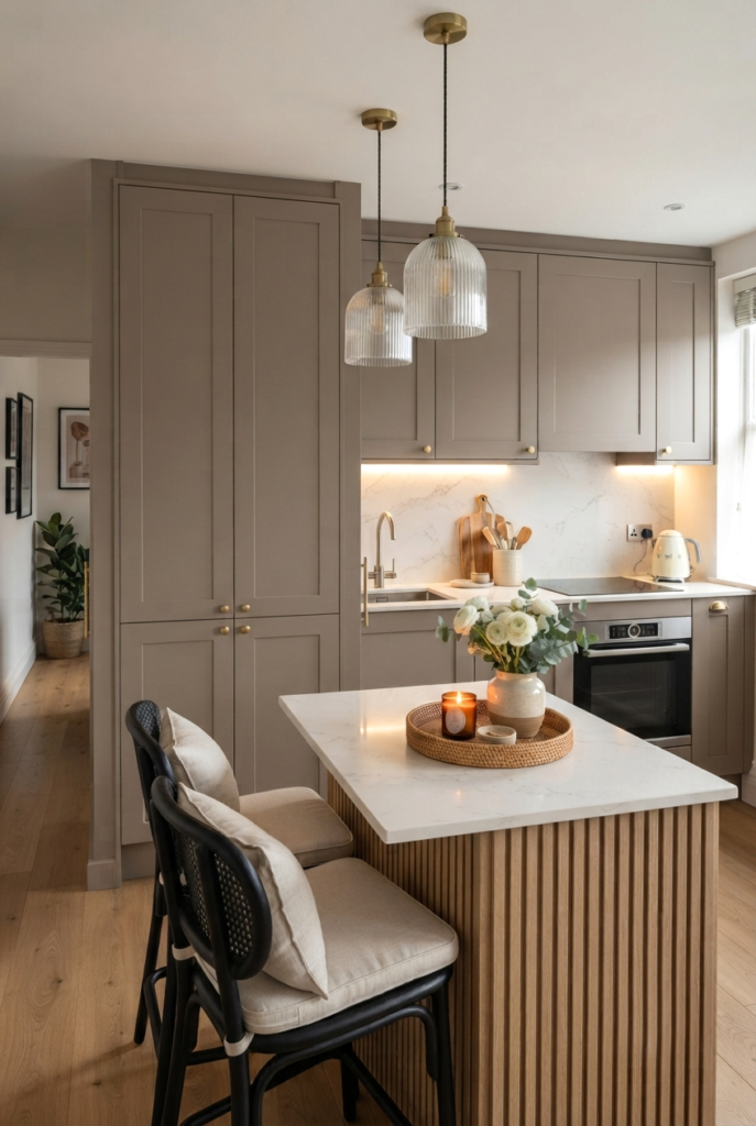 Small kitchen with vertical storage to the ceiling.