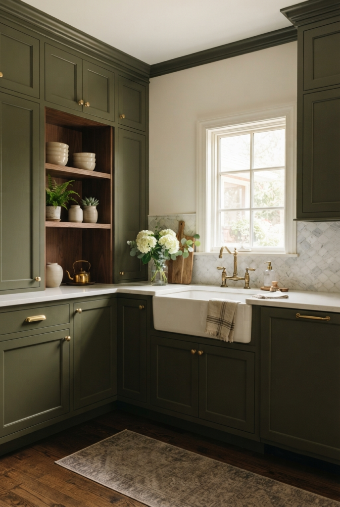 Dark olive green kitchen corner with walnut shelves and marble