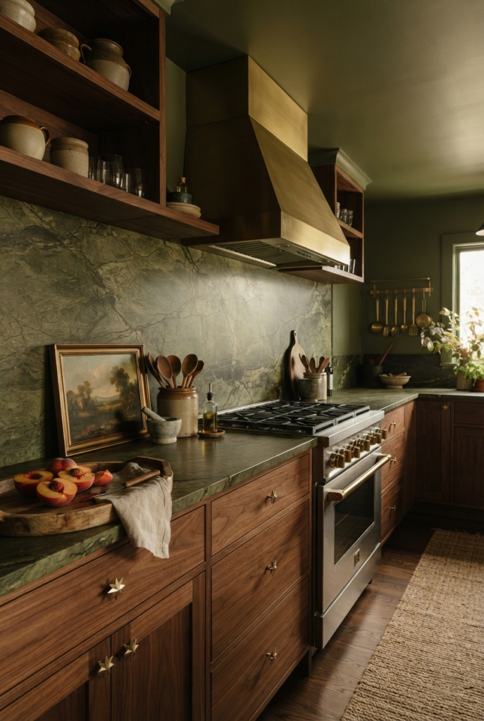 Olive green marble kitchen with an illuminated glass block island