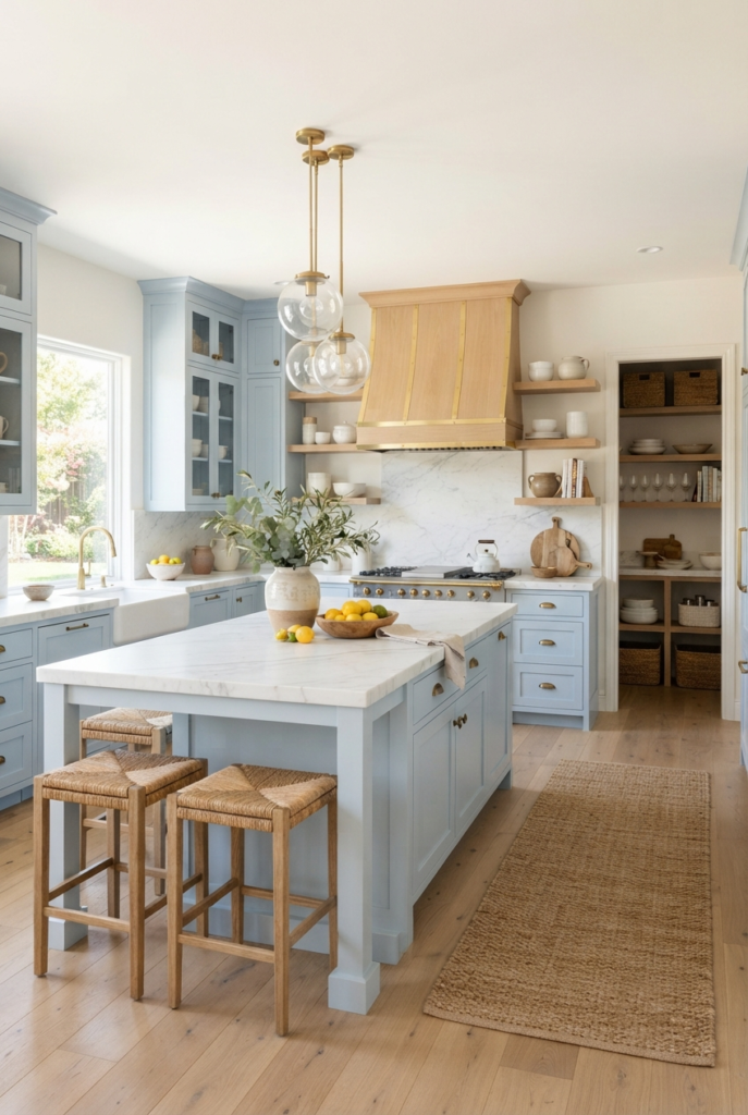 Soft powder blue kitchen with marble island and wood range hood