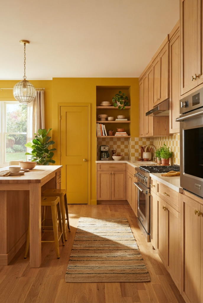 Warm wood kitchen with mustard yellow accent door and tiles