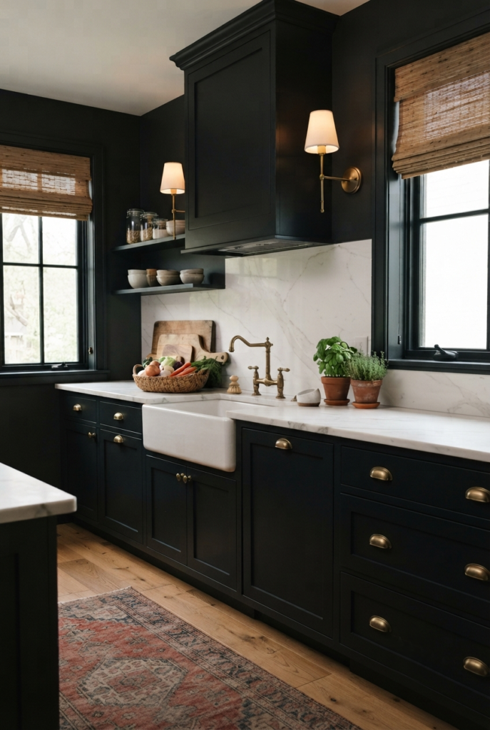 Black kitchen with white subway tile backsplash and brass accents