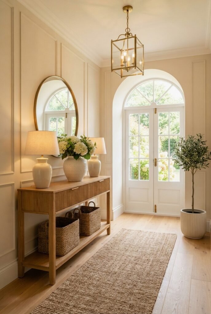 Bright small entryway with a round mirror and console table