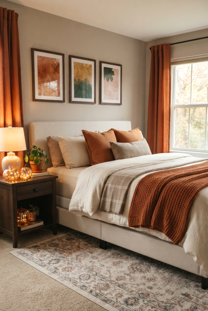 Cozy fall bedroom with chunky knit throws layered on the bed