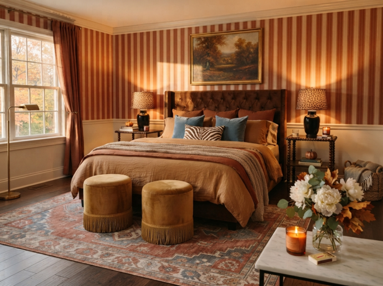 Cozy fall bedroom with soft, warm bedside lighting