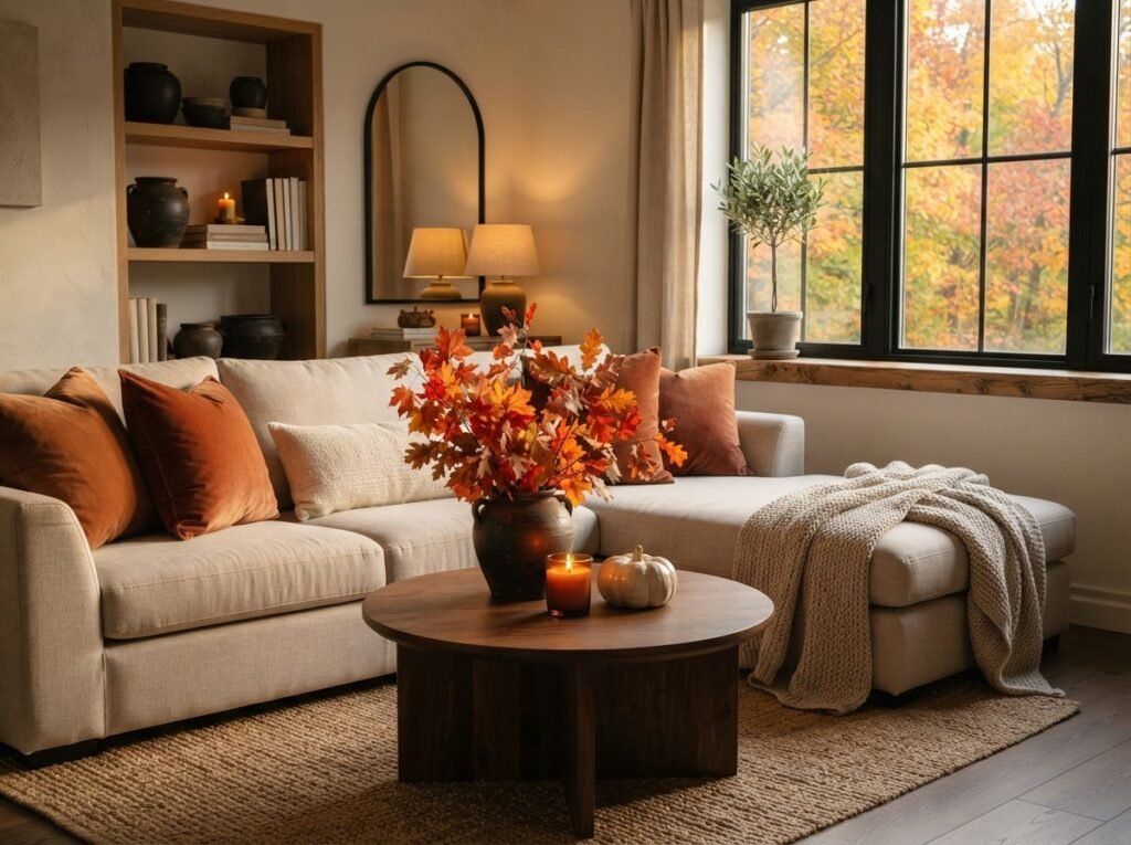 Cozy fall living room decors with textile and artificial flowers