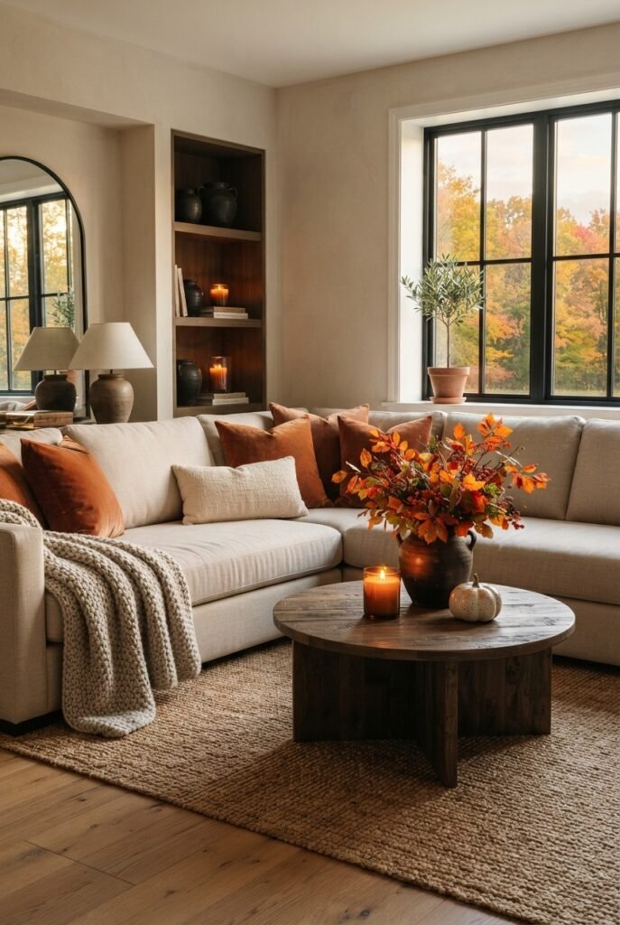 Cozy fall living room with layered knit throw blankets on the sofa