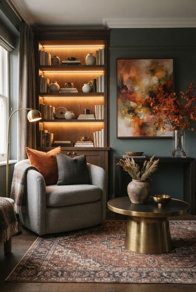 Cozy fall living room with soft, warm lamp lighting