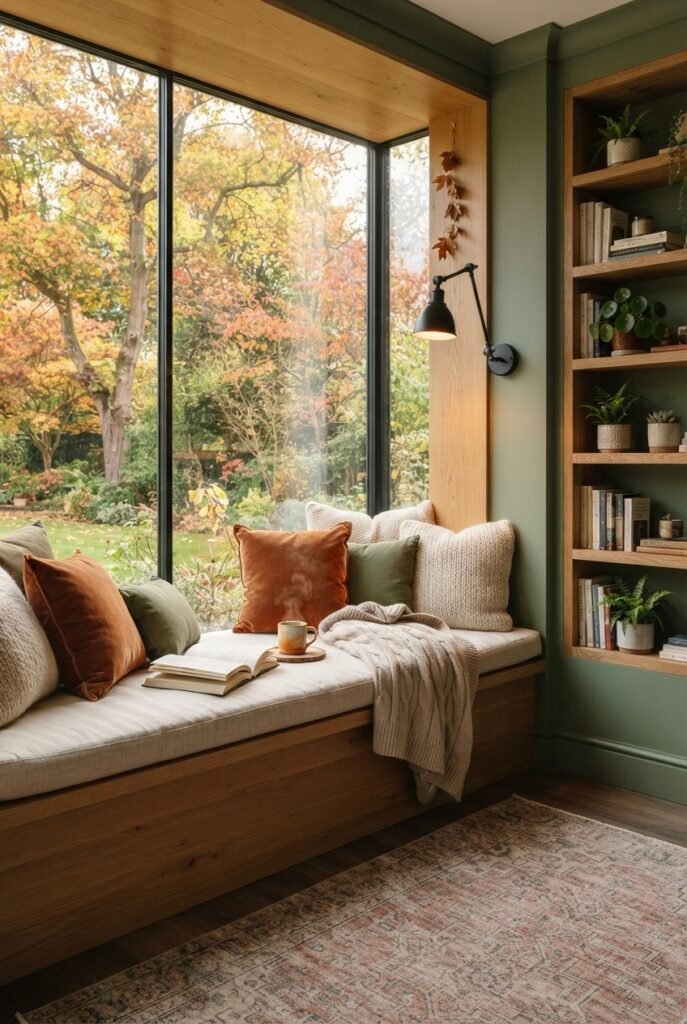 Cozy fall reading corner with an armchair and warm throw