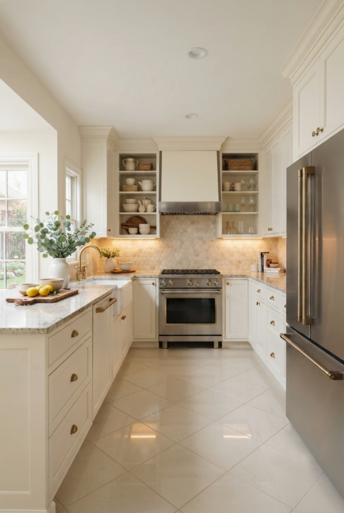 Cream and beige kitchen with shaker cabinets and open shelving