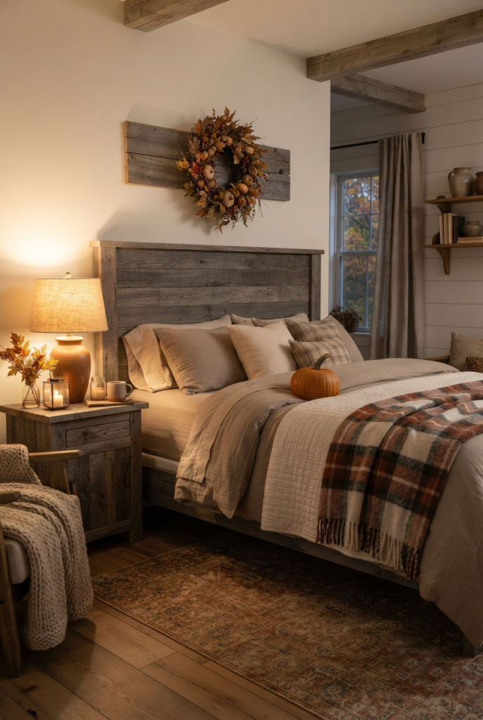 Cozy fall bedroom with candles for a warm, autumnal glow
