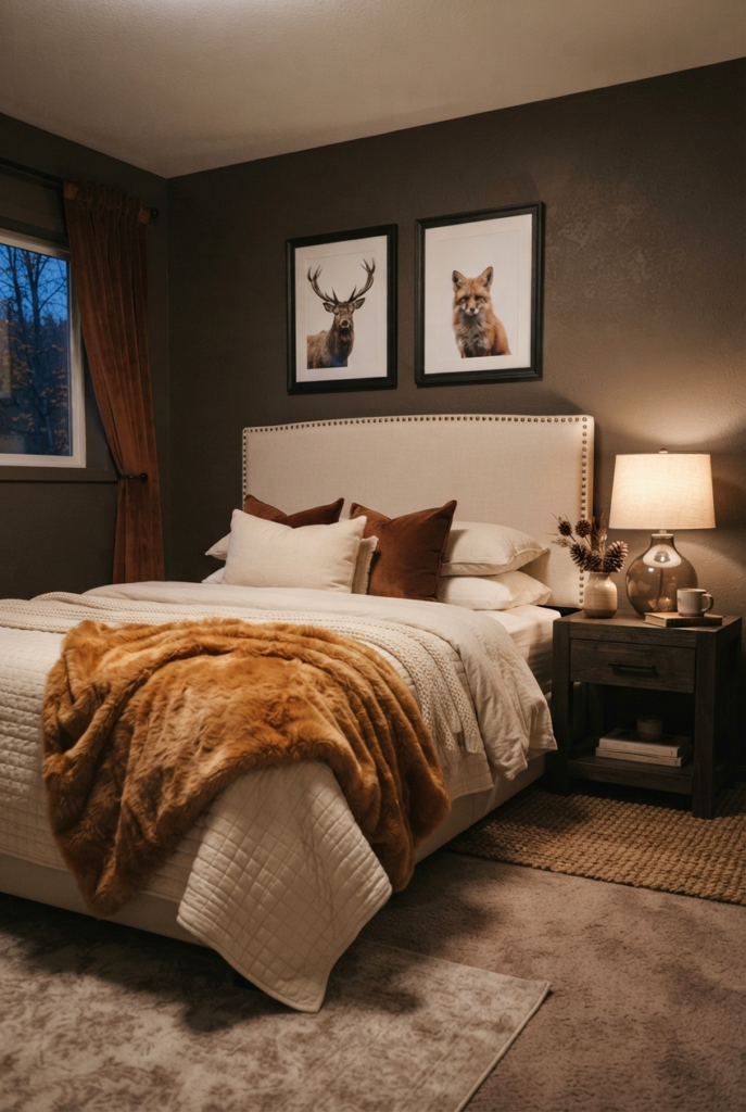 Fall bedroom with a plush faux fur throw over the bed