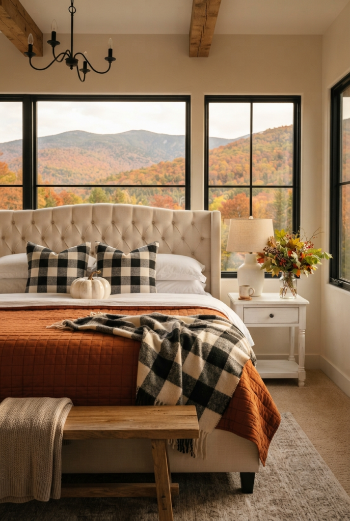 Fall bedroom with cozy plaid and check patterns