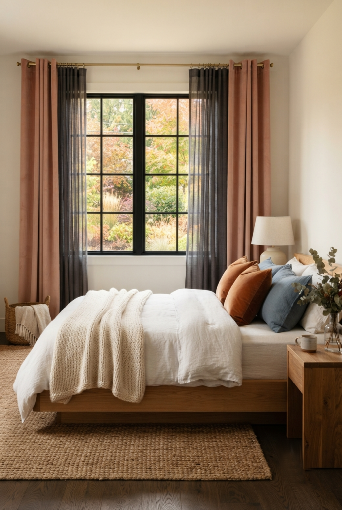 Fall bedroom styled with natural, earthy seasonal curtain decor