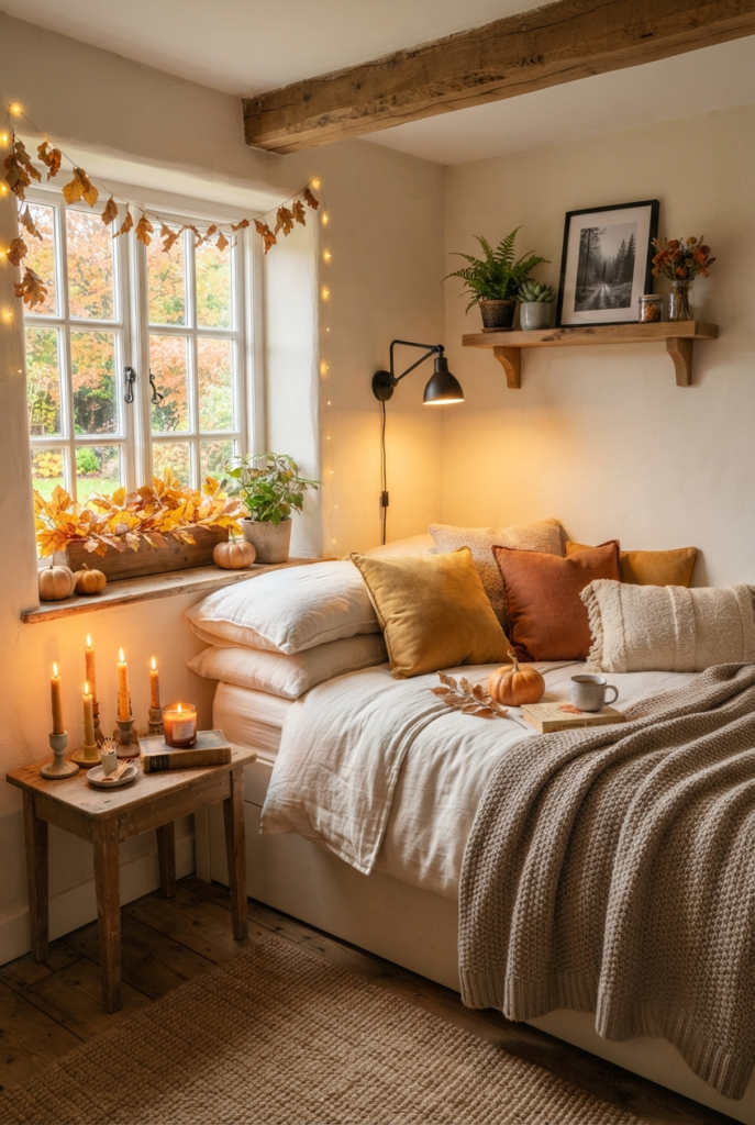 Fall bedroom styled with natural, earthy seasonal decor