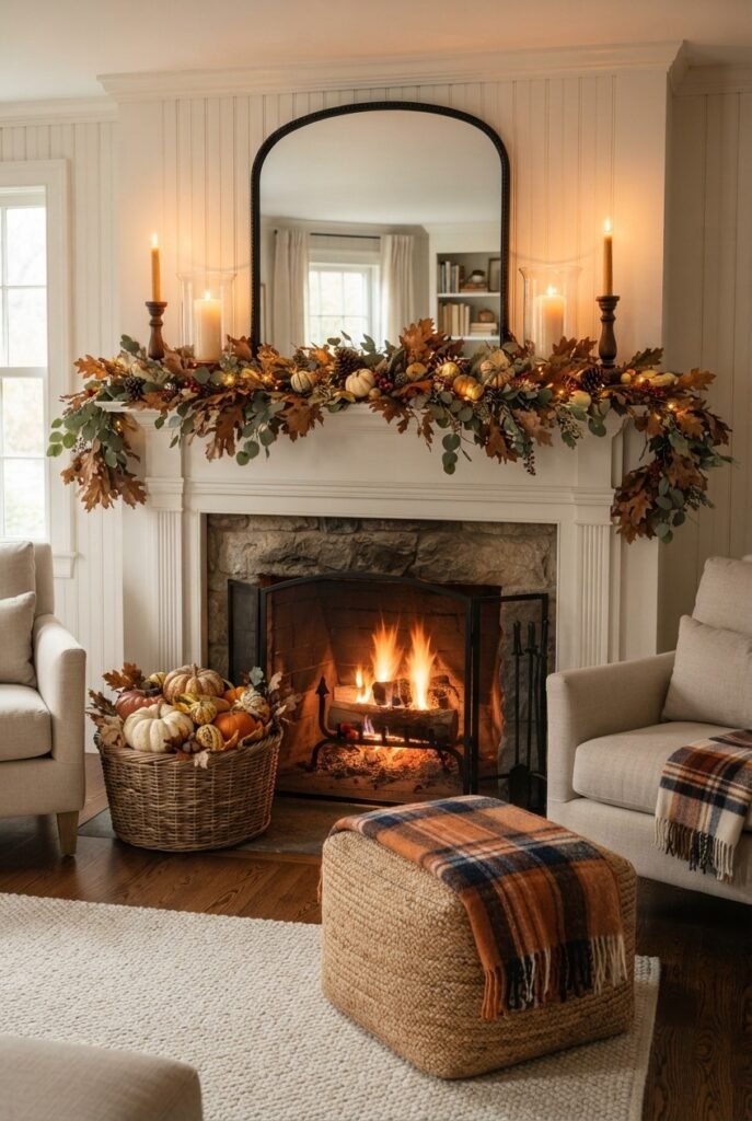 Fall mantel decor with candles, foliage, and warm accents