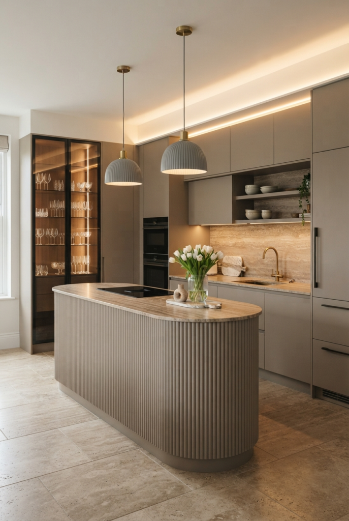 Taupe greige kitchen with glass-front cabinets and marble backsplash