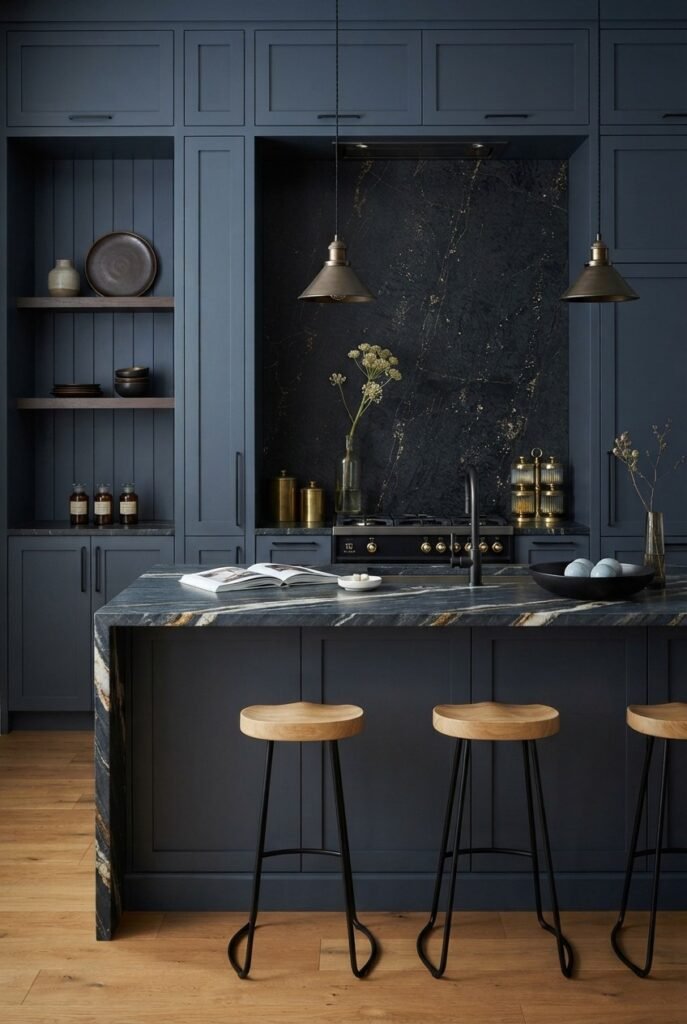 Moody navy kitchen with a black marble backsplash and wood stools