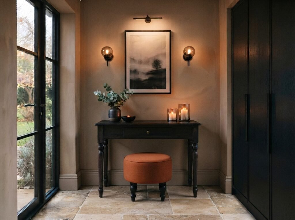 Moody small entryway with candles and woven ottomans