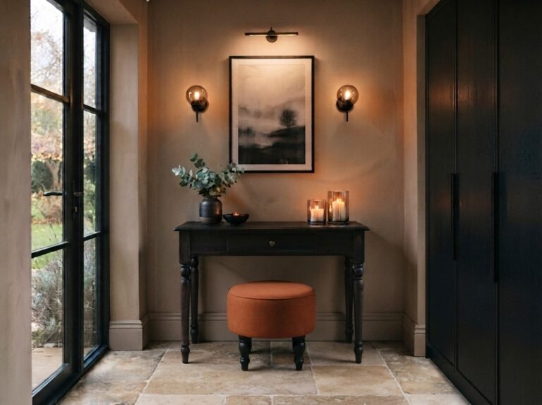Moody small entryway with candles and woven ottomans
