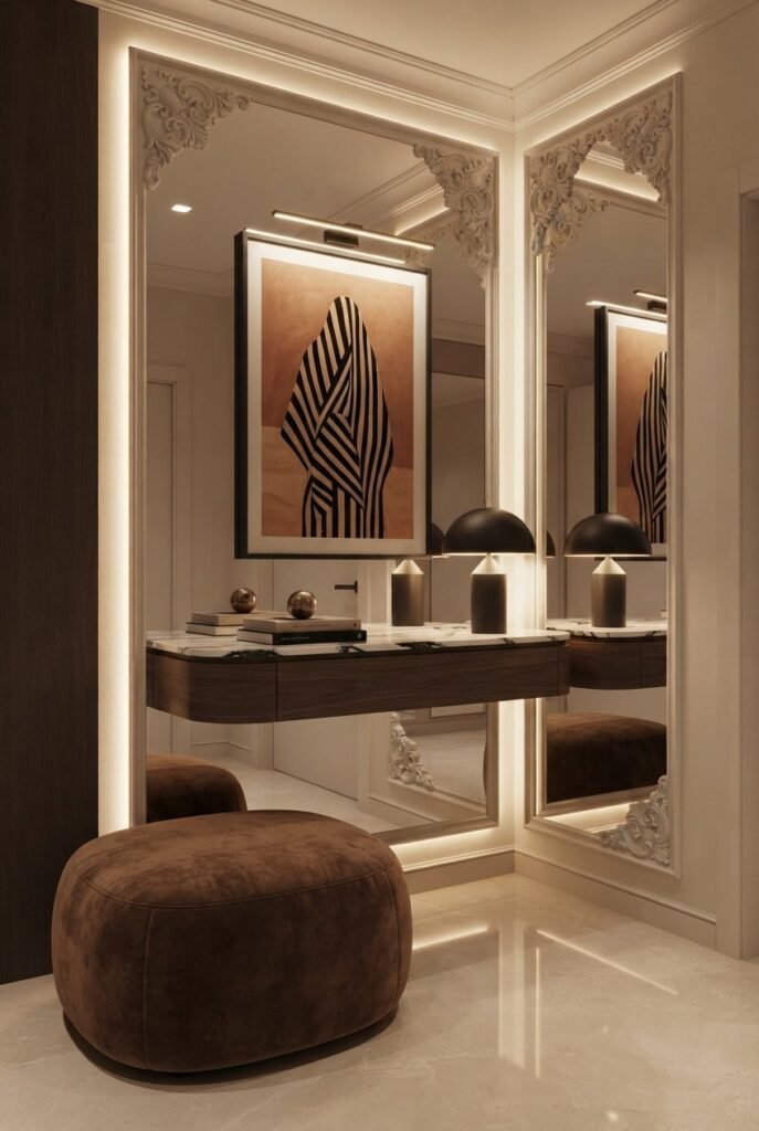 Narrow entryway with an arched floor mirror and boucle bench