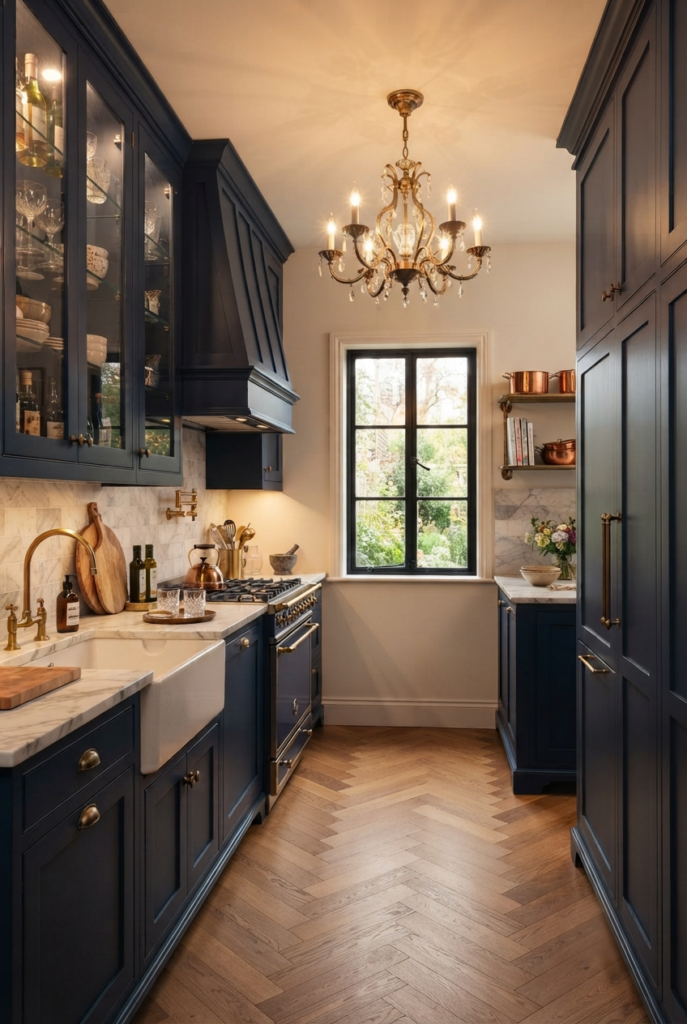 Navy blue kitchen with marble countertops and brass hardware