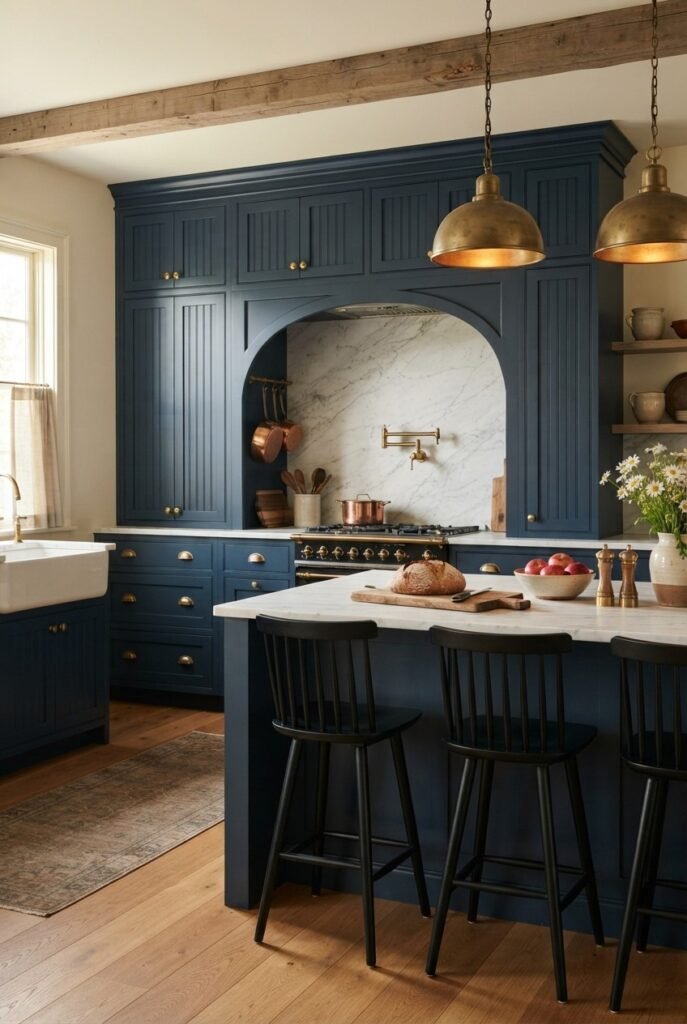 Navy farmhouse kitchen with an arched niche, brass pendants, and marble
