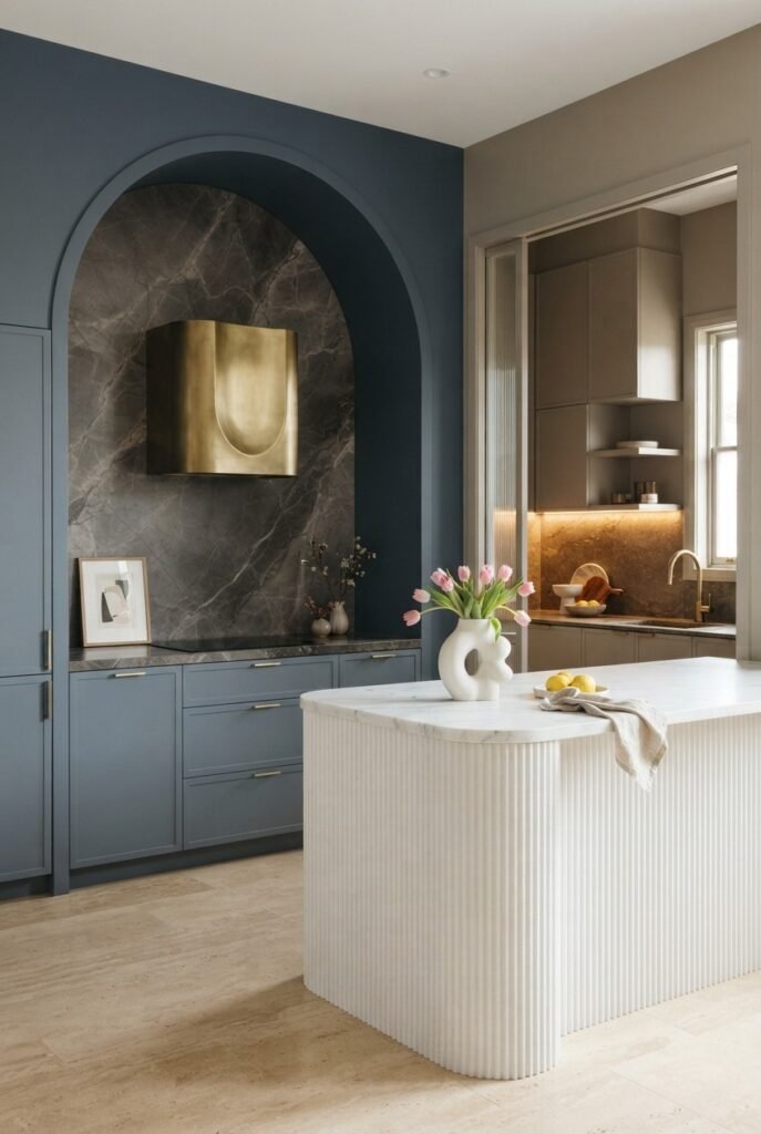 Navy blue kitchen with an arched marble niche and brass range hood