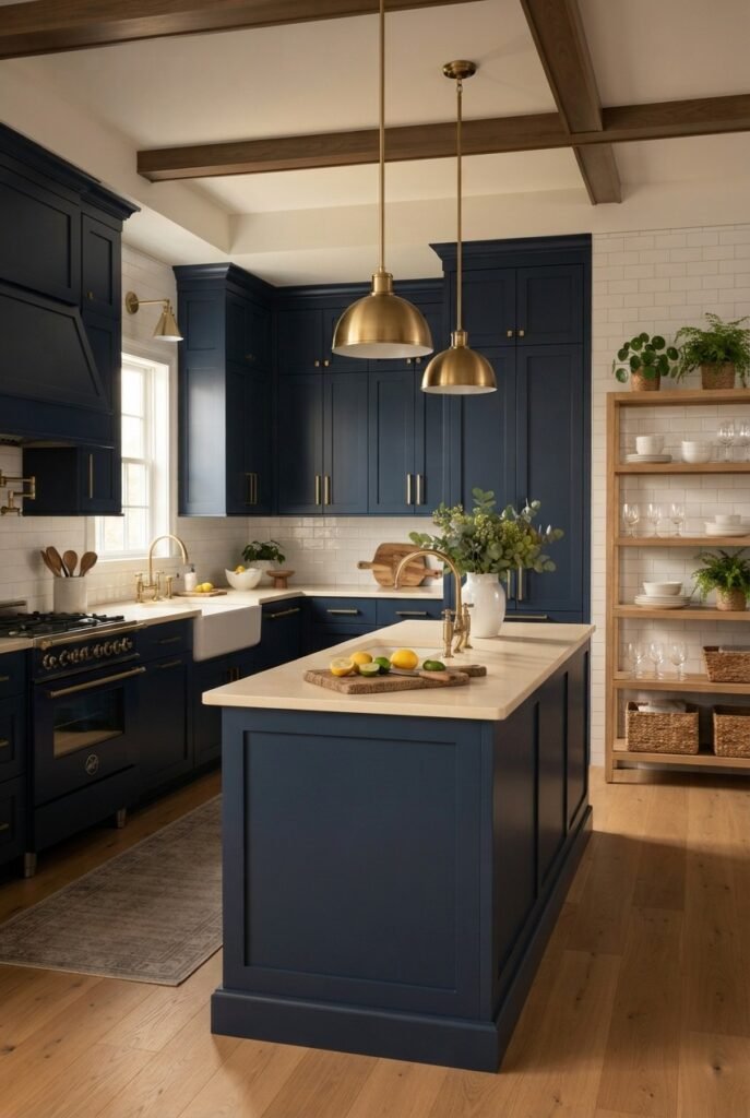 Navy kitchen with brass pendants, an island, and open shelving