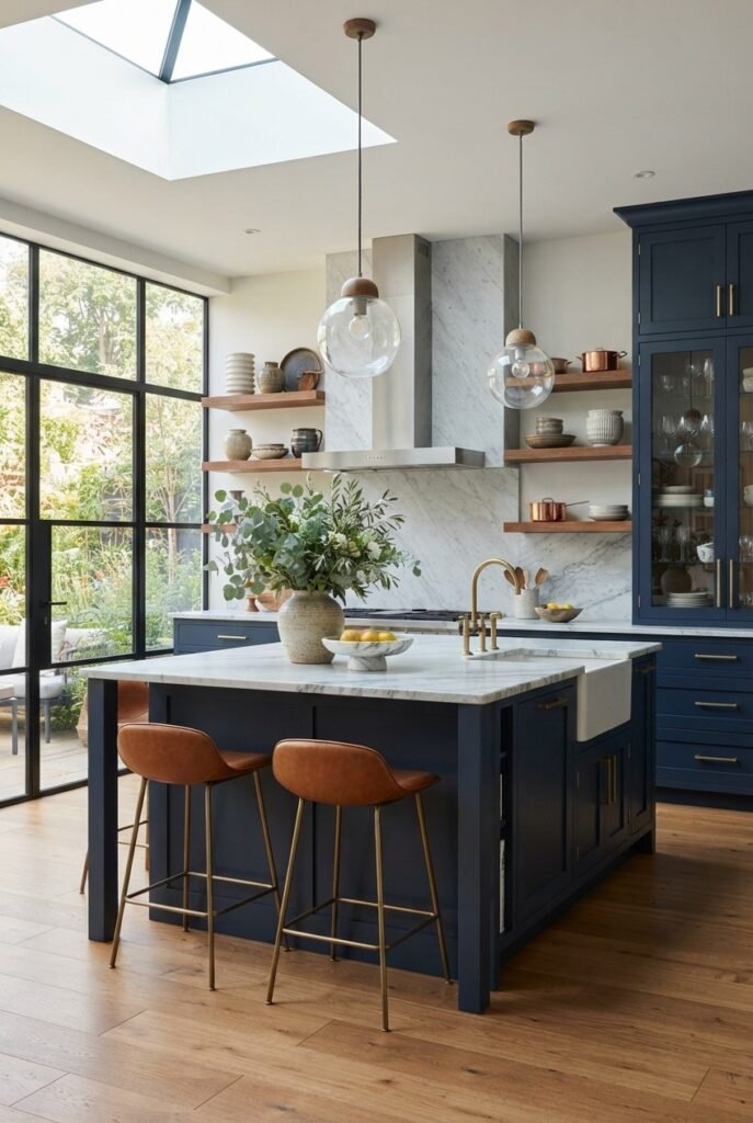 Navy kitchen island with marble countertops and leather bar stools