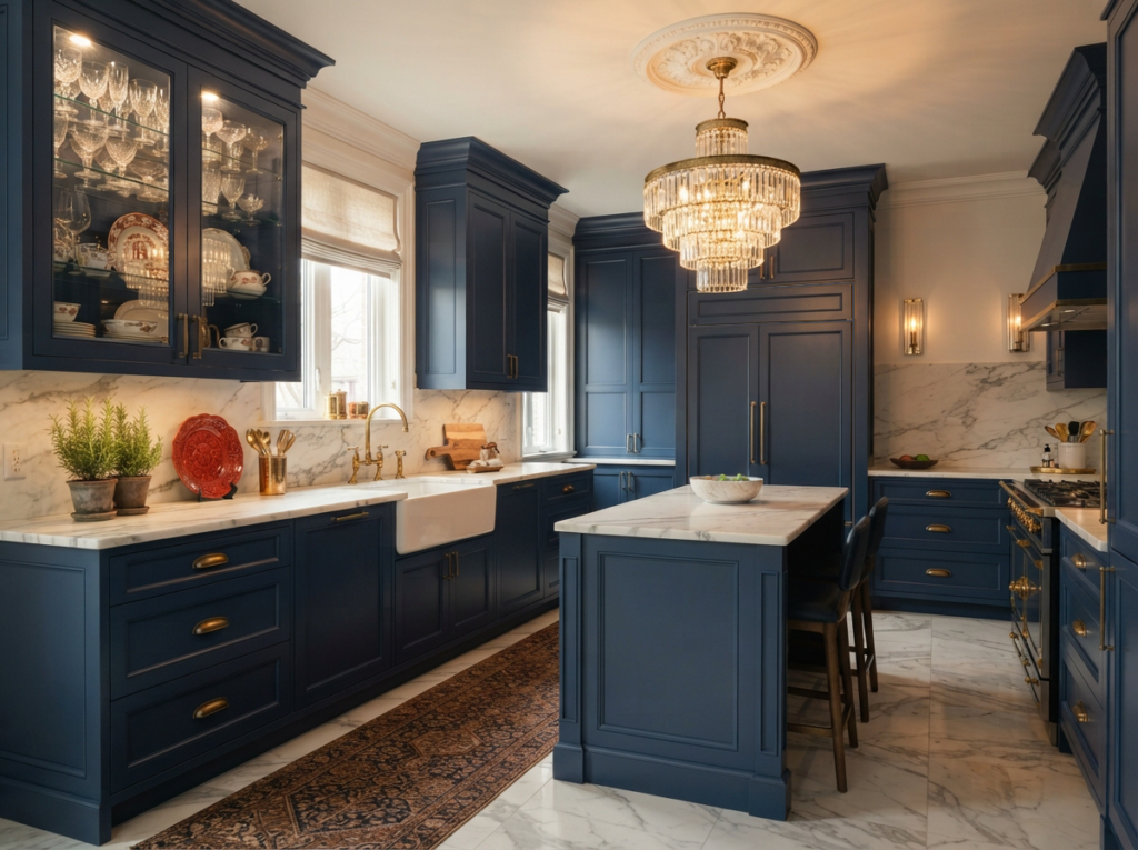 Navy kitchen with marble countertops, brass accents, and a crystal chandelier