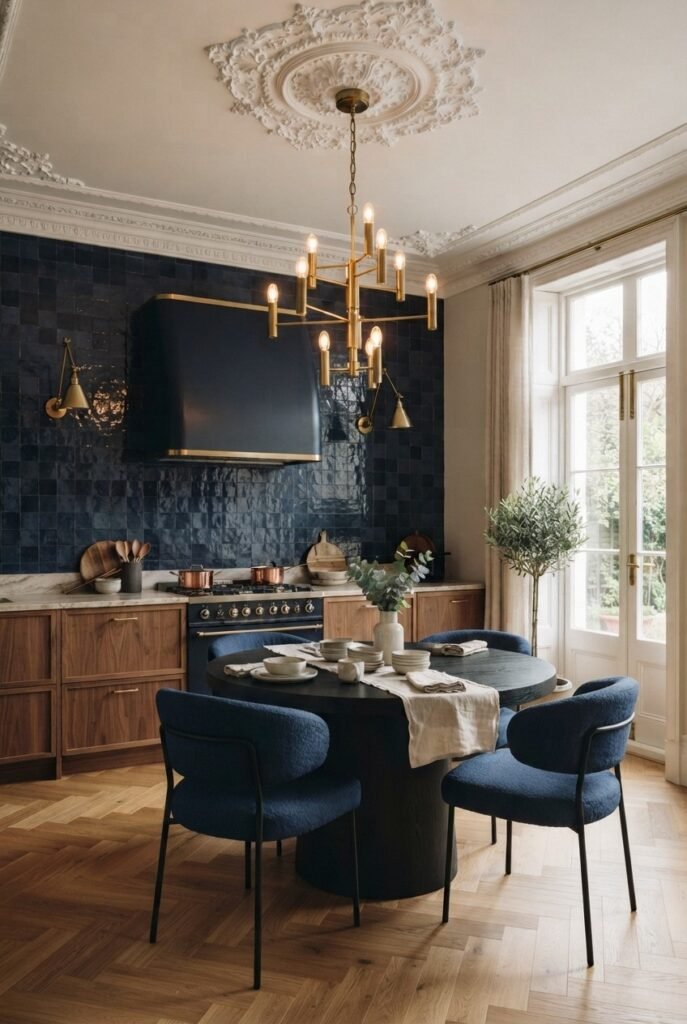 Navy kitchen with zellige tile, brass chandelier, and navy dining chairs