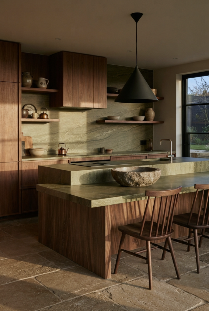 Olive green island kitchen with warm oak cabinetry