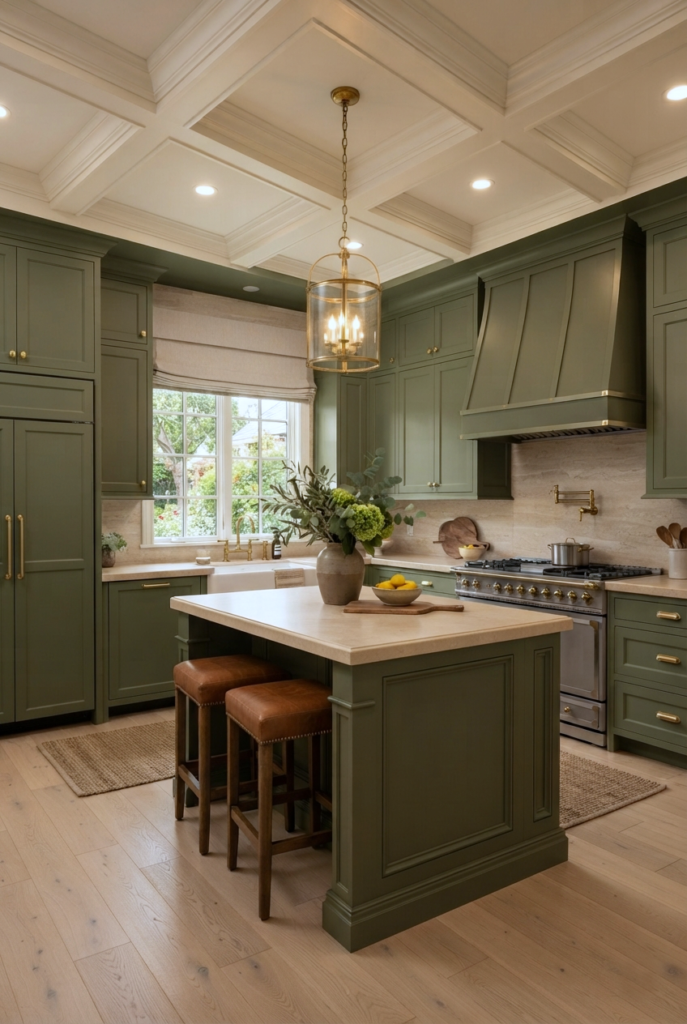 Olive green island with cream cabinets and lantern pendants