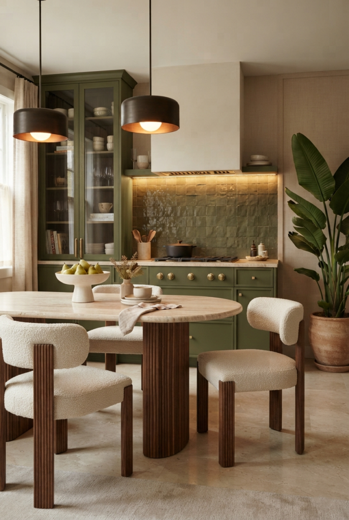 Olive green kitchen dining nook with walnut display cabinets