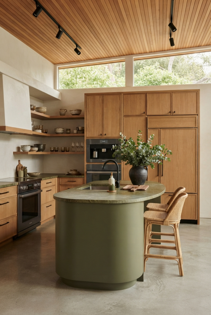 Olive green island with wood cabinets and leather bar stools