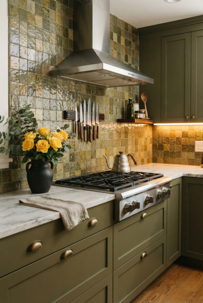 Olive green kitchen with a green and gold mosaic tile backsplash